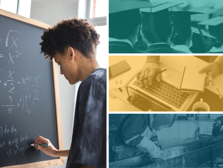Young man seen at chalk board writing mathematic equations. Pathways to graduation and careers.