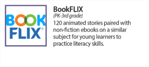 Book Flix (Pre K - 3rd grade) 120 animated stories paired with non-fiction ebooks on a similar subject for young learners to practice literacy skills.