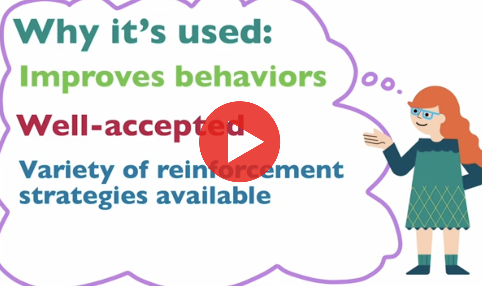 Why it's used: Improves behaviors , well accepted, variety of reinforcement strategies available