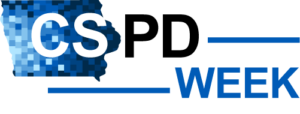 Logo for Iowa CS PD week. Text with pixelated image of Iowa in shades of blue.