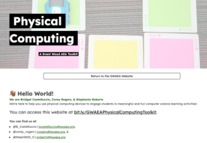 Screen capture of the home page of the Physical Computing website. Text and menus are over an image of students uses the indi robot and color mats.