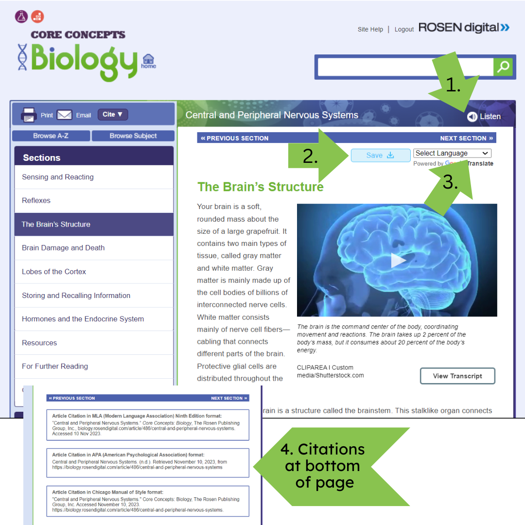 Arrows pointing out the features listed: Enhanced text visibility by clicking the “Listen” button Save articles as PDF, Google doc or Word doc Instant article translation into over 100 languages Citation tool