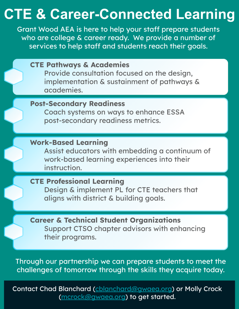 Grant Wood AEA is here to help your staff prepare students who are college & career ready.  We provide a number of services to help staff and students reach their goals. 

CTE Pathways & Academies  

Provide consultation focused on the design, implementation & sustainment of pathways & academies.

Post-Secondary Readiness 

Coach systems on ways to enhance ESSA post-secondary readiness metrics.

Work-Based Learning

Assist educators with embedding a continuum of work-based learning experiences into their instruction.  

CTE Professional Learning

Design & implement PL for CTE teachers that aligns with district & building goals. 

Career & Technical Student Organizations 

Support CTSO chapter advisors with enhancing their programs. 

Through our partnership we can prepare students to meet the challenges of tomorrow through the skills they acquire today.